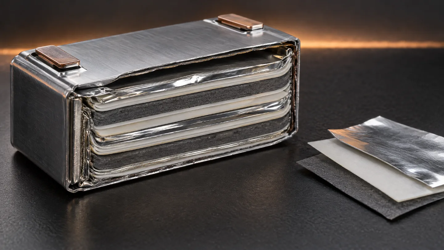 Aufgeschnittene Batteriezelle mit geschichteten Lagen aus Metallfolie, Festelektrolyt und Kathode auf dunklem Grund