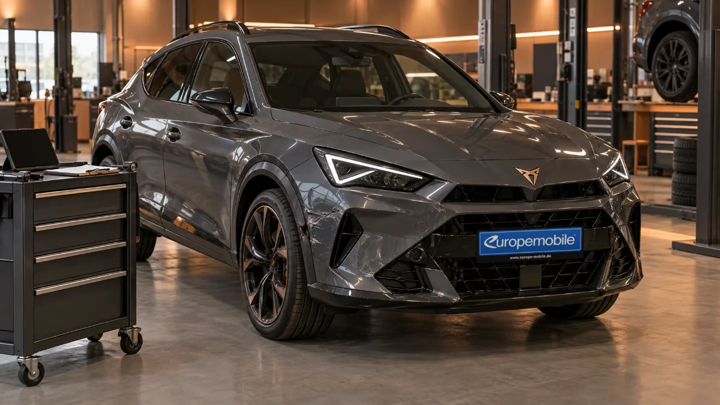 Cupra Formentor mit Kratzer an der vorderen Stoßstange in der Werkstatt eines Autohauses, daneben ein Werkstattwagen mit Tablet