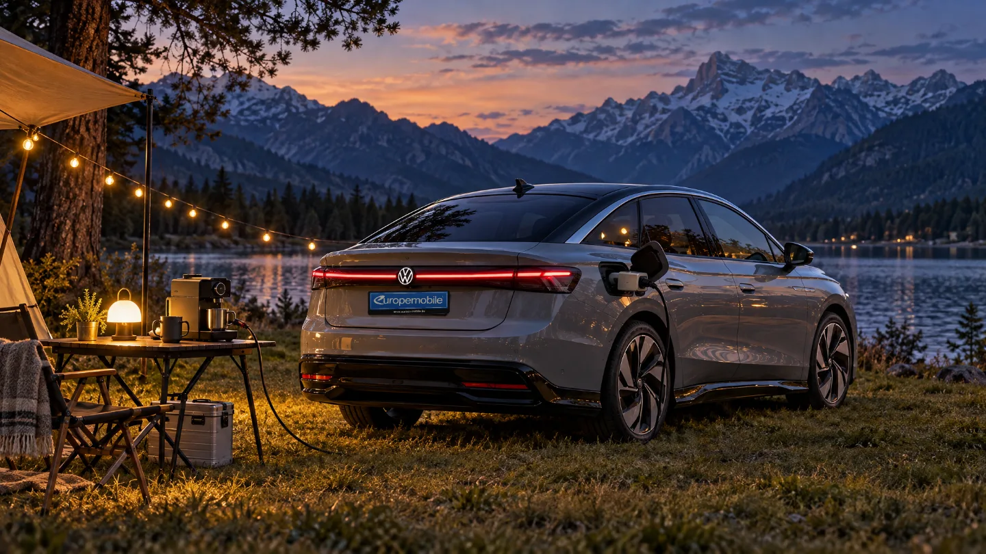 Grauer VW ID.7 am Seeufer: Über einen V2L-Adapter an der Ladebuchse werden Lampe und Kaffeemaschine versorgt