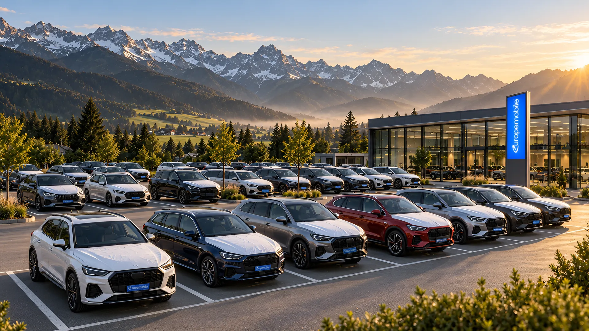 Auslieferungslager von Europemobile mit vielen Neuwagen vor den Alpen