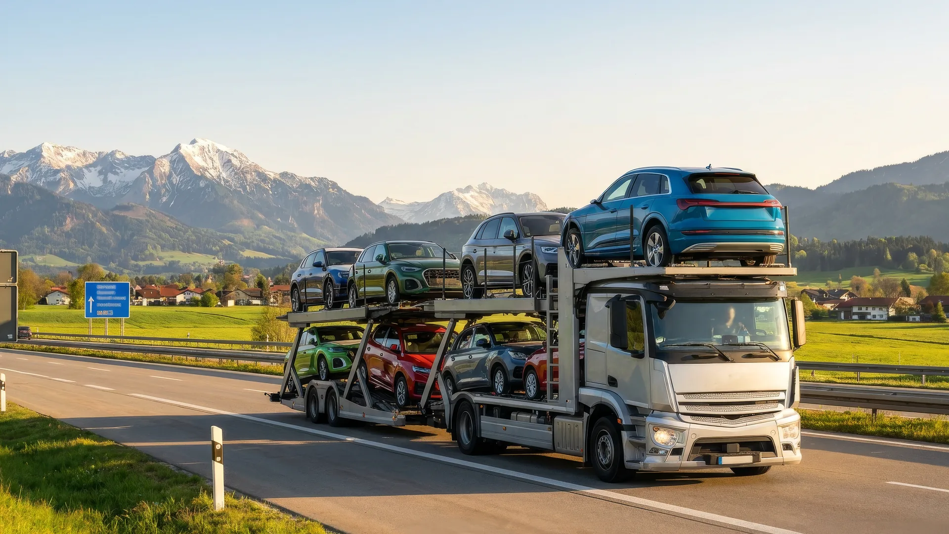 Autotransporter mit neuen Fahrzeugen auf dem Weg durchs Voralpenland