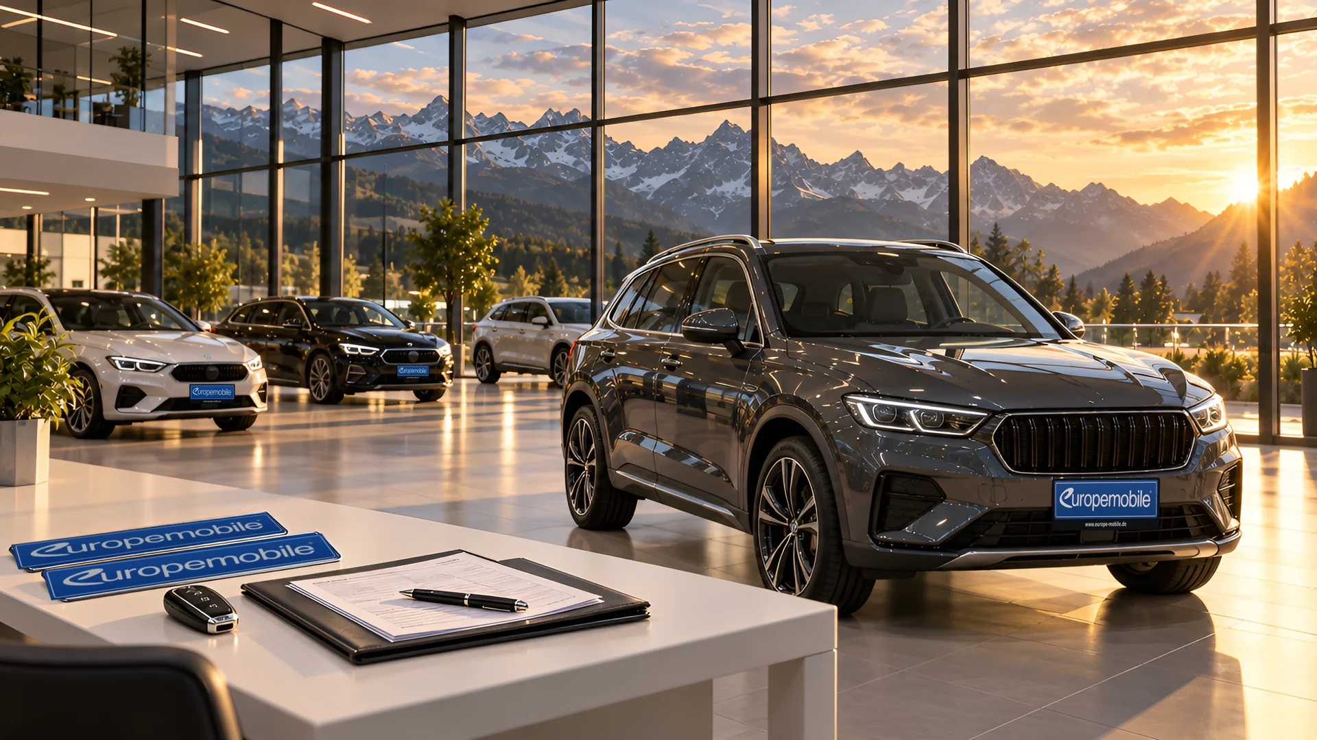 Neuwagen-Übergabe im Europemobile-Showroom mit Kennzeichen, Schlüssel und Fahrzeugpapieren