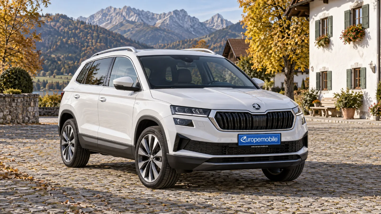 Weißer Škoda Karoq auf einem Dorfplatz im Alpenvorland bei Sonnenschein