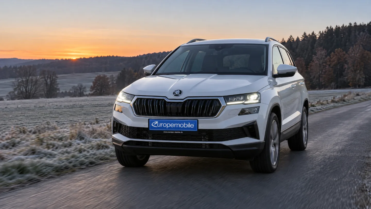 Weißer Škoda Karoq mit Abblendlicht auf einer Landstraße zwischen bereiften Wiesen in der Morgendämmerung