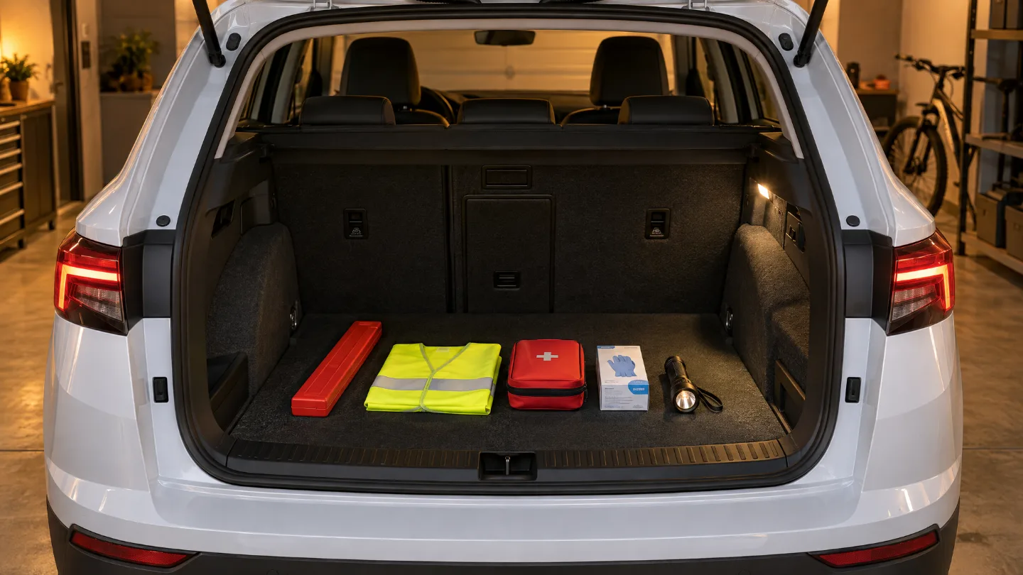 Geöffneter Kofferraum eines weißen Škoda Karoq mit Warndreieck, Warnweste, Verbandkasten, Einmalhandschuhen und Taschenlampe