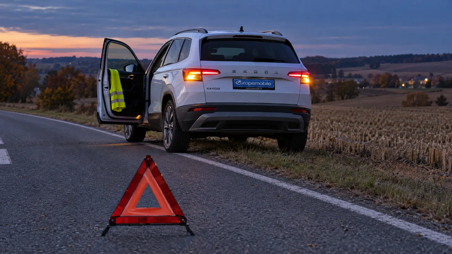 Weißer Škoda Karoq mit Warnblinker am Straßenrand neben einem Feld, Warnweste an der offenen Fahrertür, Warndreieck auf der Fahrbahn