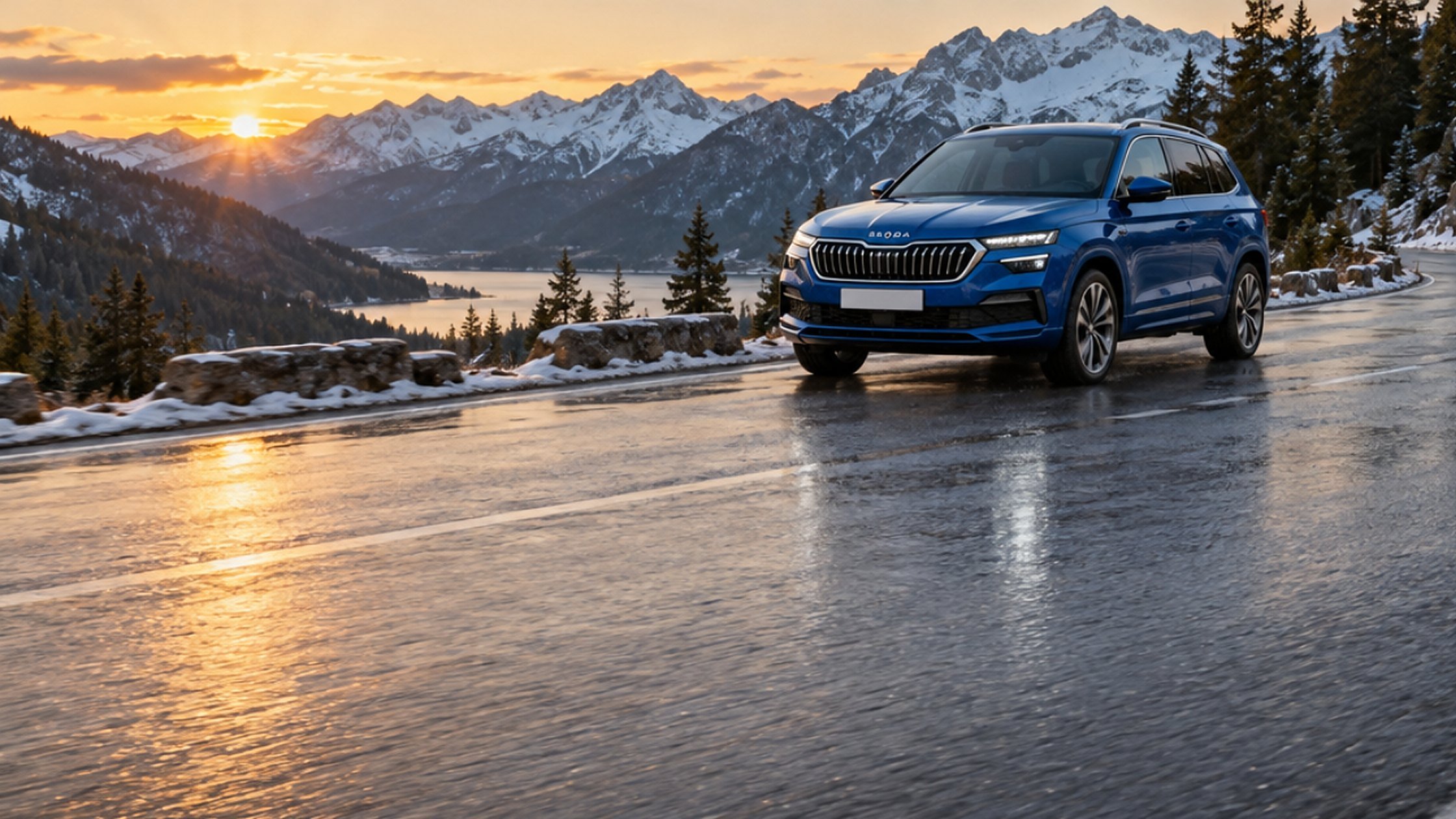 Škoda Karoq 2026 auf einer Alpenstraße (KI-generiertes Bild)