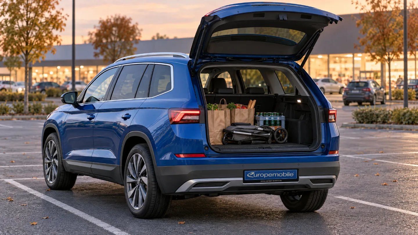 Blauer Škoda Kodiaq mit geöffneter Heckklappe auf einem Supermarkt-Parkplatz, im Kofferraum Einkaufstüten, Getränke und ein Kinderwagen
