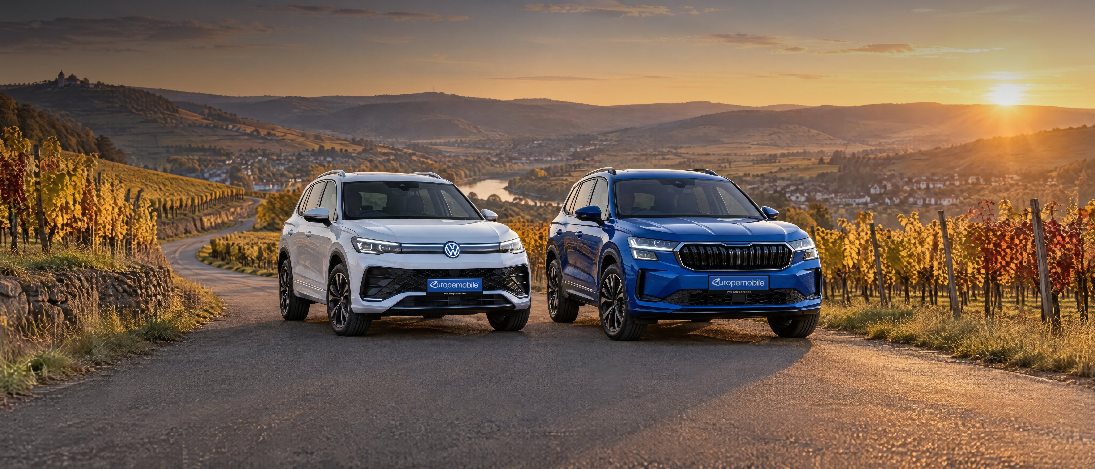VW Tiguan in Weiß und Škoda Kodiaq in Blau nebeneinander auf einer Landstraße durch herbstliche Weinberge