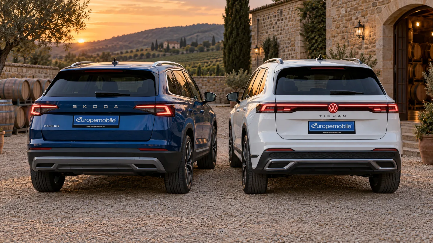 Blauer Škoda Kodiaq und weißer VW Tiguan von hinten im Hof eines Weinguts
