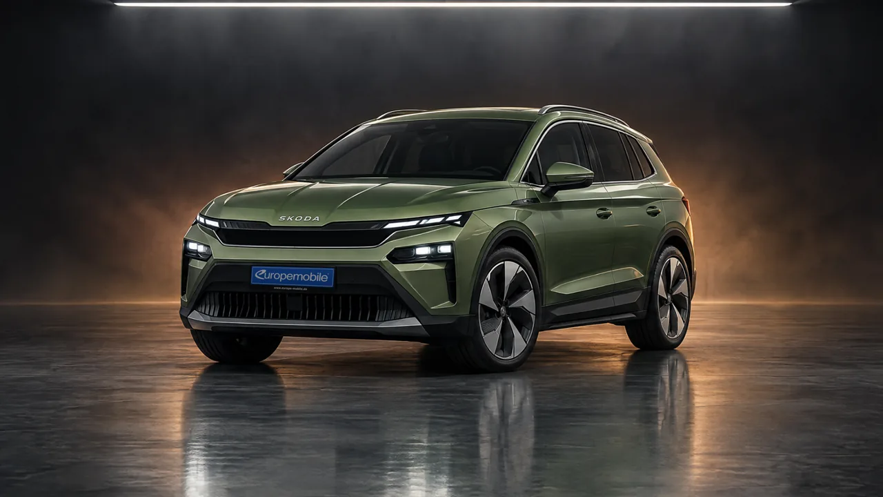 Škoda Elroq im dunklen Fotostudio mit kupferfarbenem Kantenlicht
