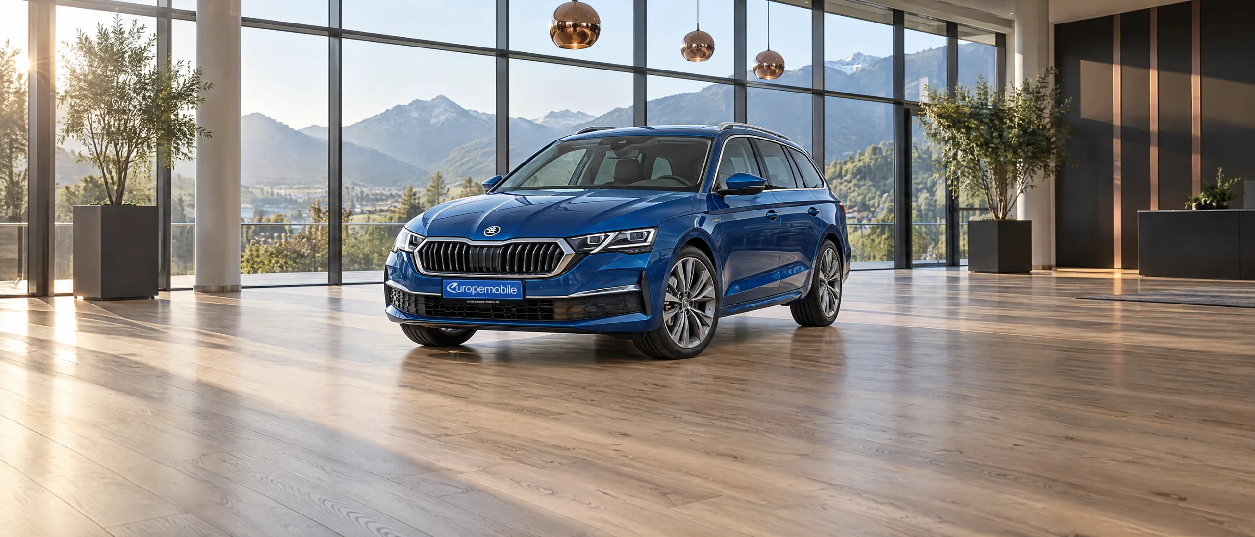 Škoda Octavia Combi in einem hellen Autohaus mit Blick auf die Berge