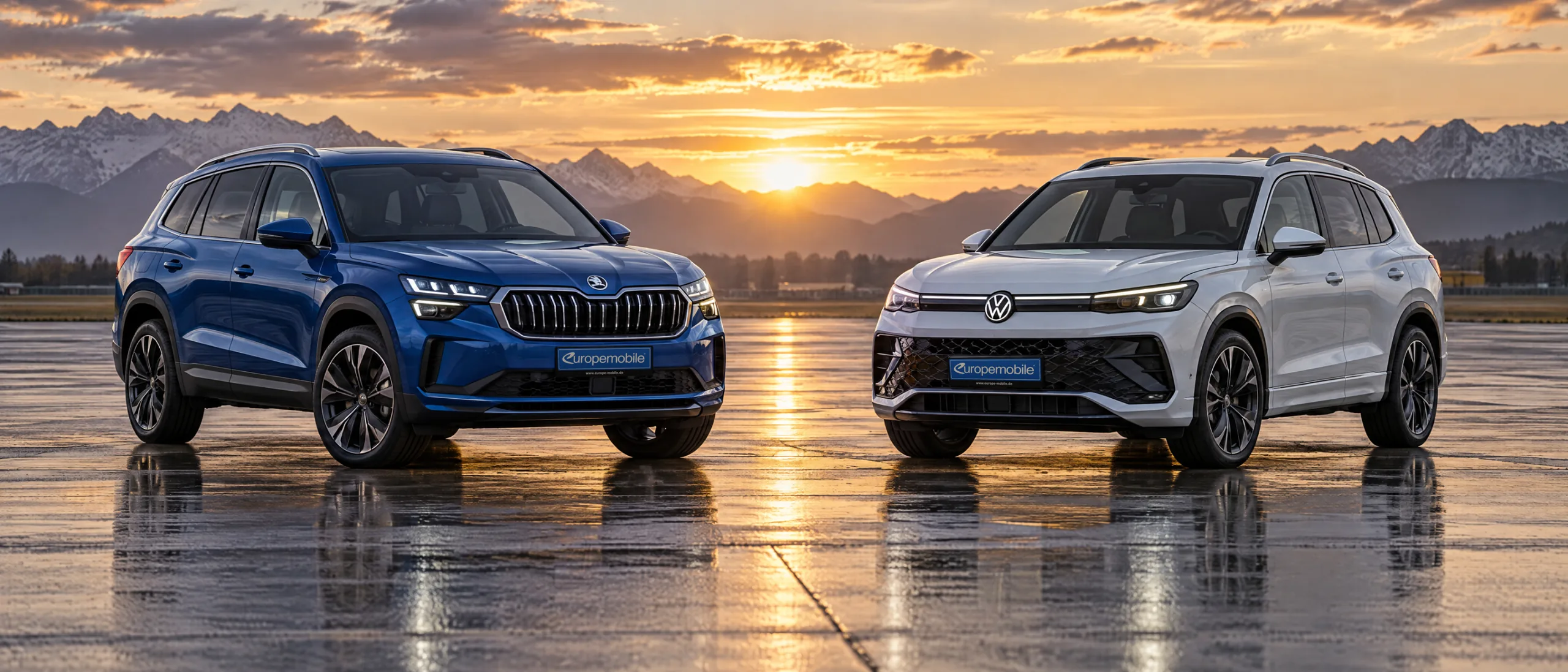 Škoda Kodiaq und VW Tiguan bei Sonnenuntergang