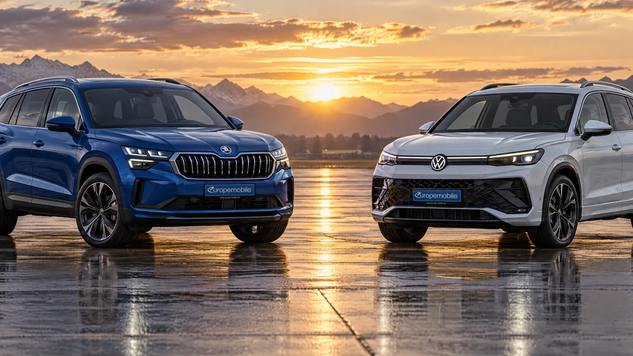 Škoda Kodiaq und VW Tiguan auf einem nassen Flugfeld bei Sonnenuntergang