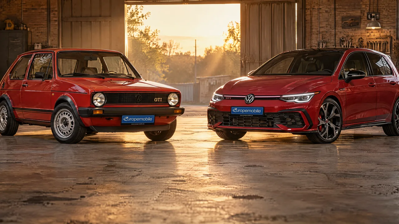 VW Golf I GTI von 1976 und Golf GTI 2026 in einer Werkstatt