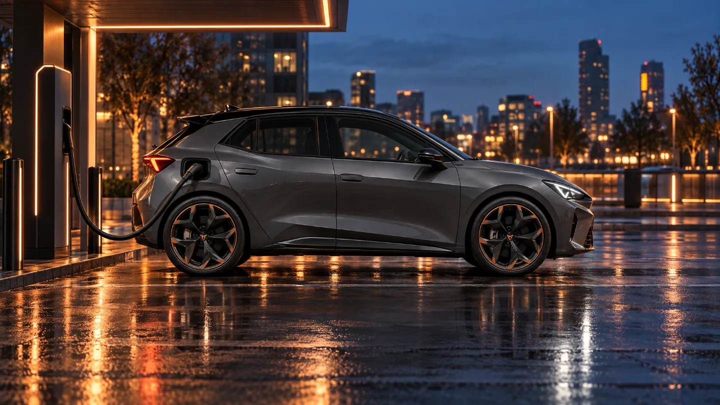 Cupra Raval in der Seitenansicht an einer Schnellladesäule am Abend