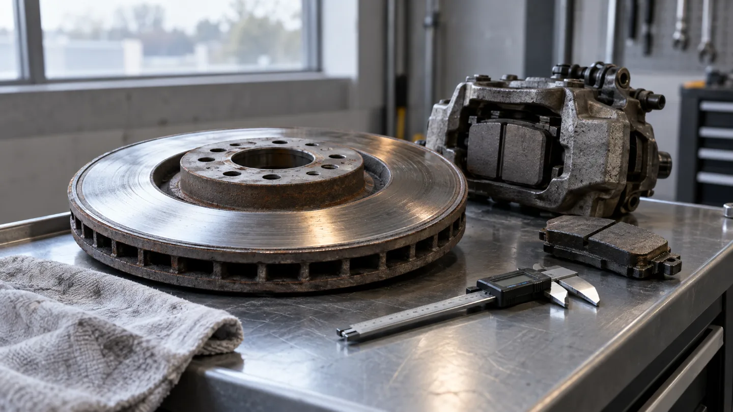 Ausgebaute Bremsscheibe mit Bremssattel, Bremsbelägen und Messschieber auf einer Werkbank