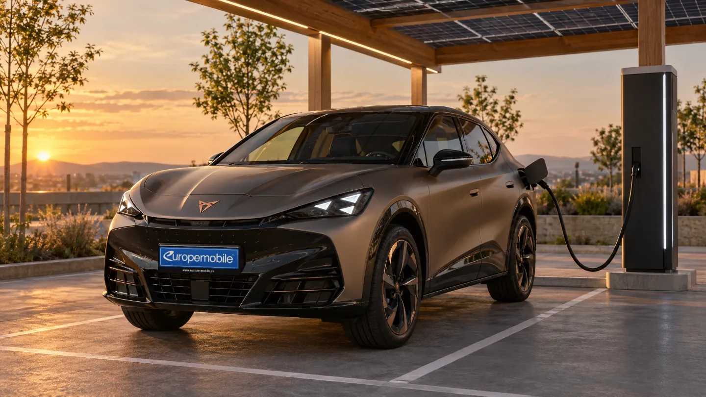 Cupra Tavascan in Bronze matt an einer Schnellladesäule unter einem Solardach am Abend