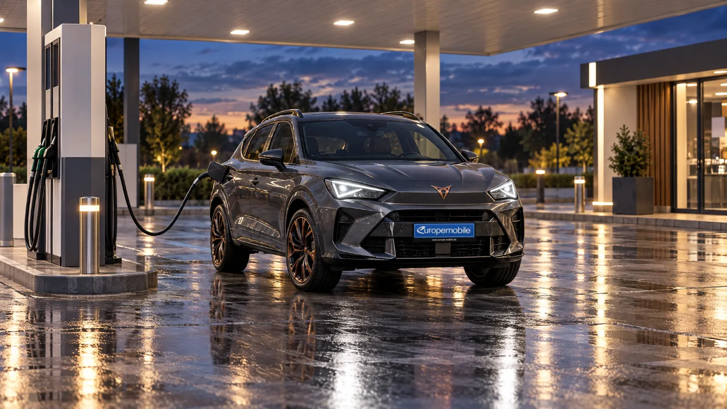 Dunkelgrauer Cupra Terramar an einer Zapfsäule unter dem beleuchteten Dach einer modernen Tankstelle am Abend