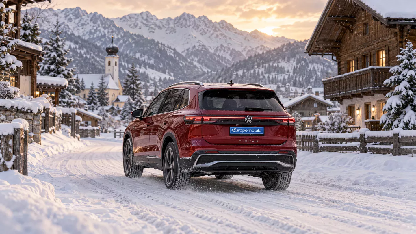Roter VW Tiguan von hinten auf einer verschneiten Dorfstraße in den österreichischen Alpen