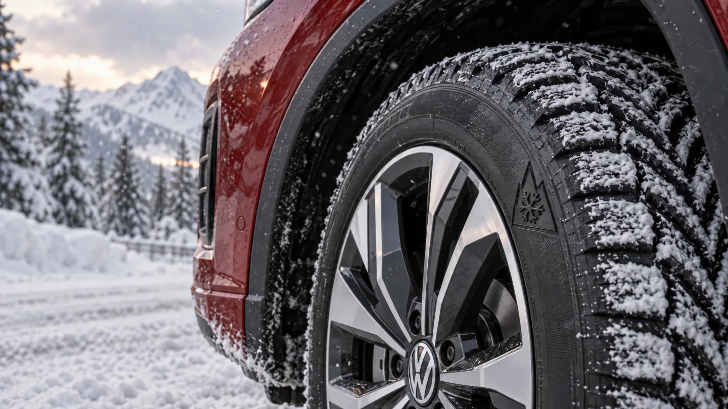 Winterreifen mit Alpine-Symbol (Bergpiktogramm mit Schneeflocke) an einem roten VW Tiguan im Schnee