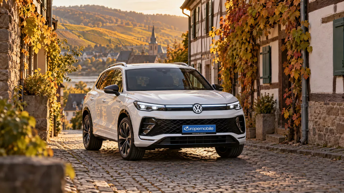 Weißer VW Tiguan in einer engen Kopfsteinpflastergasse eines Weinorts im Herbst