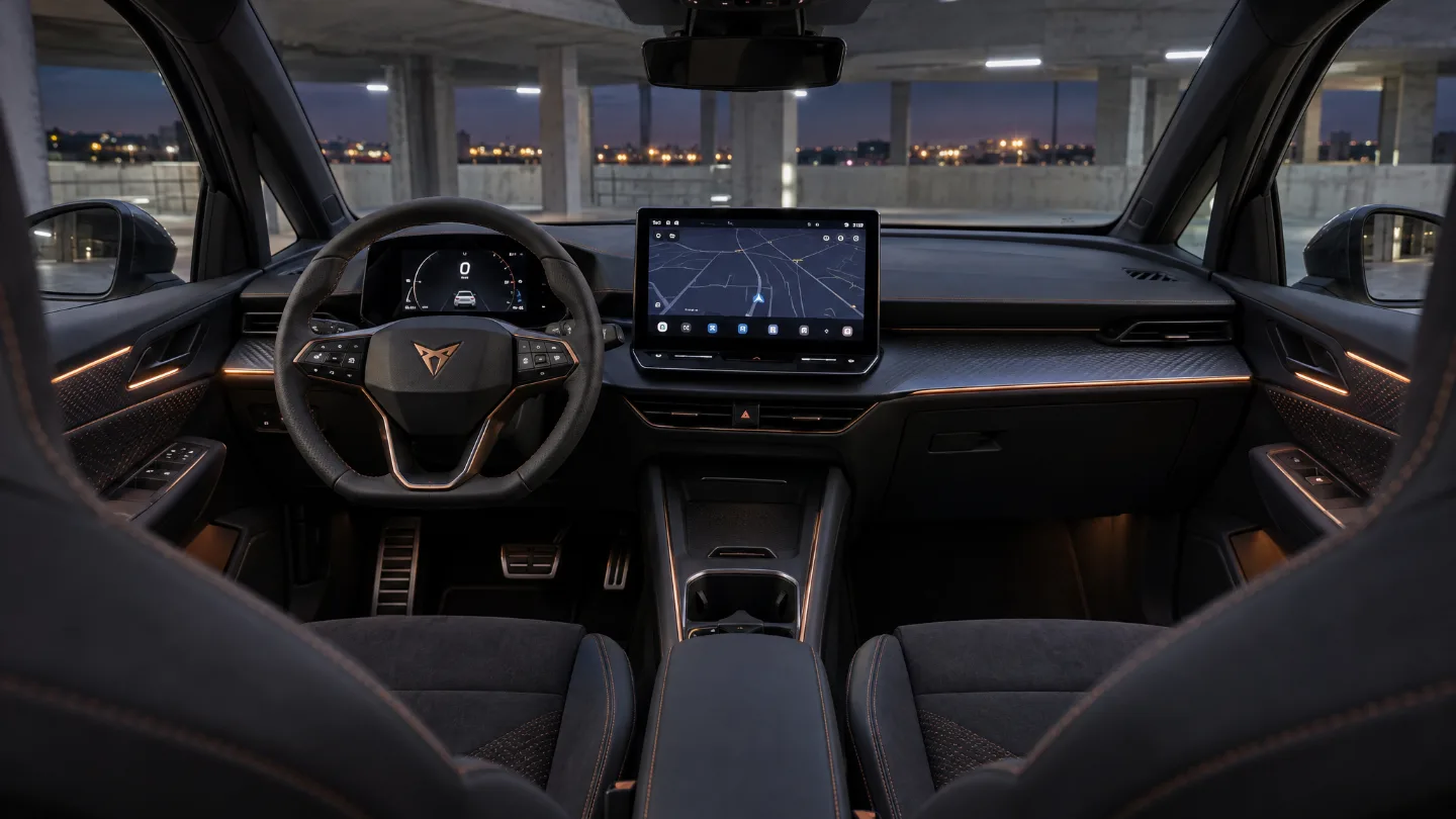 Cockpit des Cupra Born 2026 mit 10,25-Zoll-Digitalanzeige und 12,9-Zoll-Bildschirm