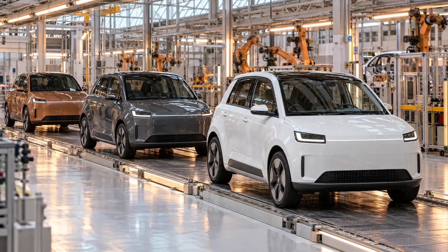 Endmontage-Linie mit drei markenlosen Kompakt-Elektroautos in einer modernen Fabrikhalle