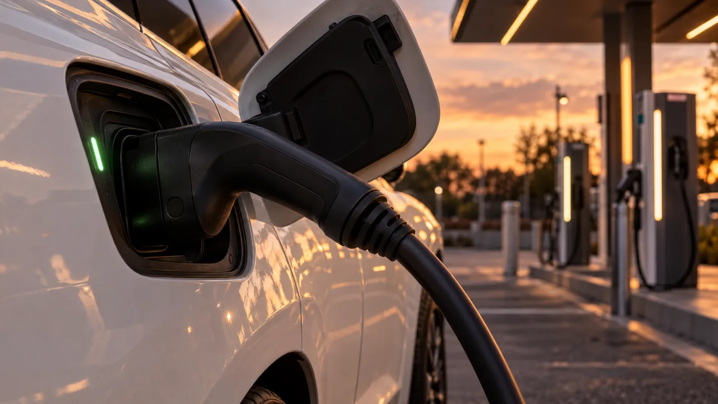 Schnellladestecker steckt in der Ladebuchse eines Elektroautos
