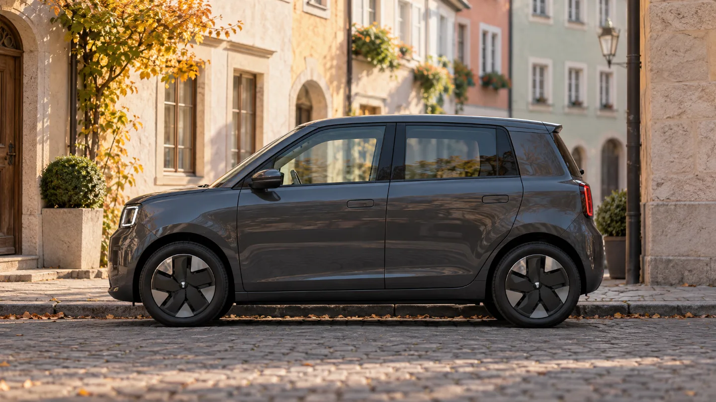 Markenloses kompaktes Elektroauto in Dunkelgrau am Straßenrand einer Altstadtgasse im Herbstlicht