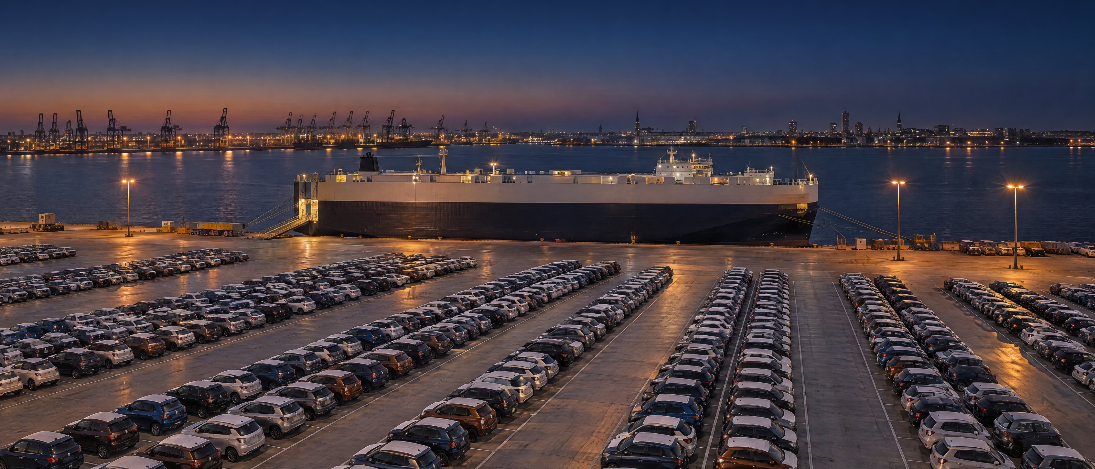 Luftbild eines Autoterminals im Hafen zur blauen Stunde mit Reihen neuer, markenloser Autos und einem Autotransporter am Kai