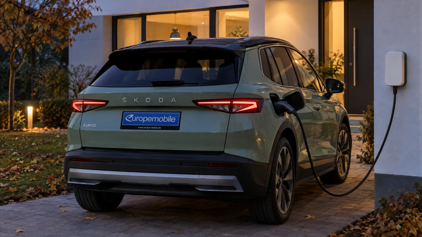 Škoda Elroq lädt abends an einer Wallbox vor einem Einfamilienhaus