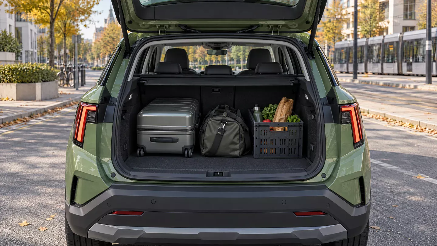 Geöffneter Kofferraum des Škoda Epiq 2026 mit Koffer und Taschen