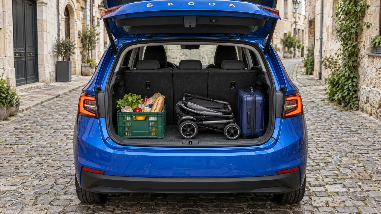 Geöffneter Kofferraum des Škoda Fabia mit Einkäufen und Kinderwagen