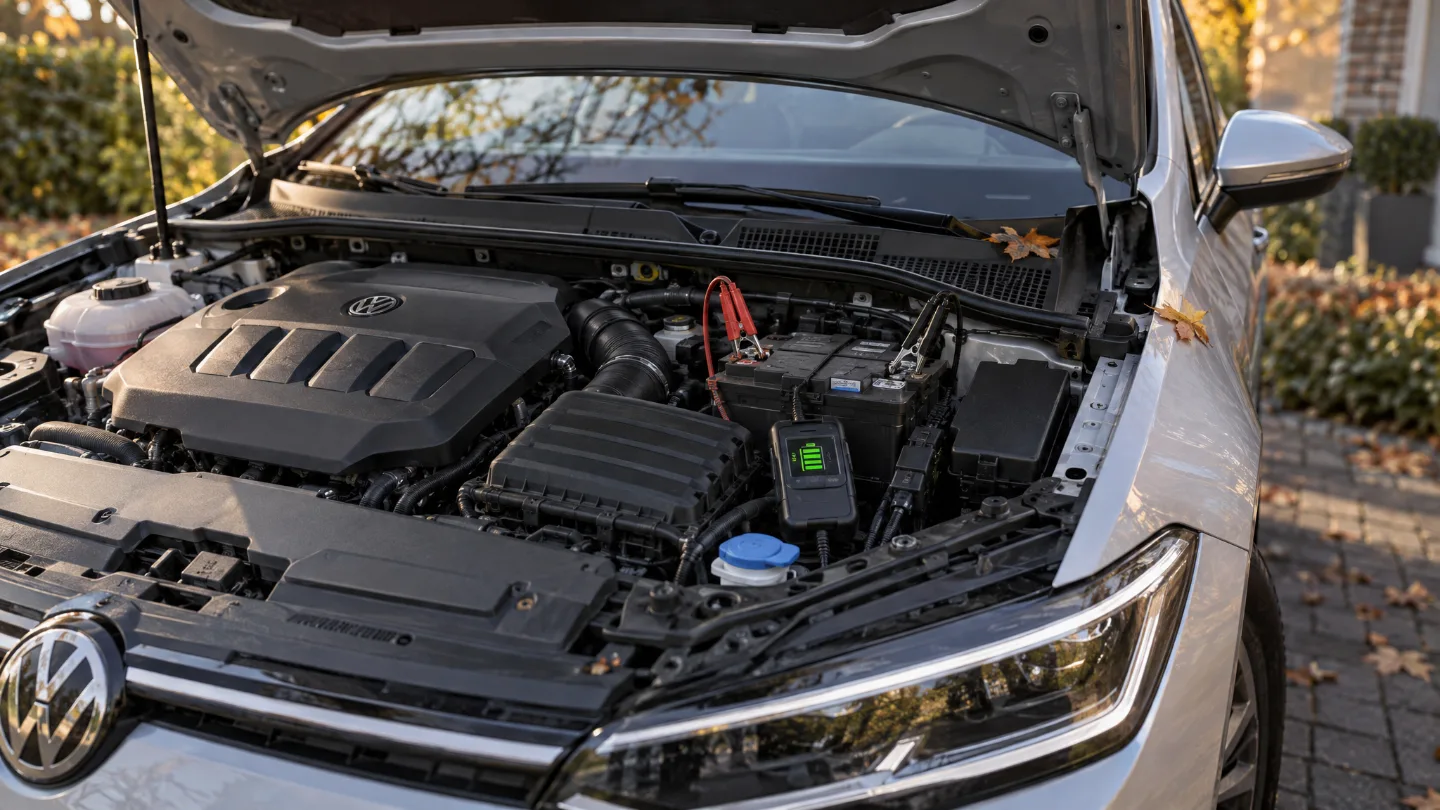 Geöffneter Motorraum eines silbernen VW Golf mit angeschlossenem Batterietester an der Starterbatterie