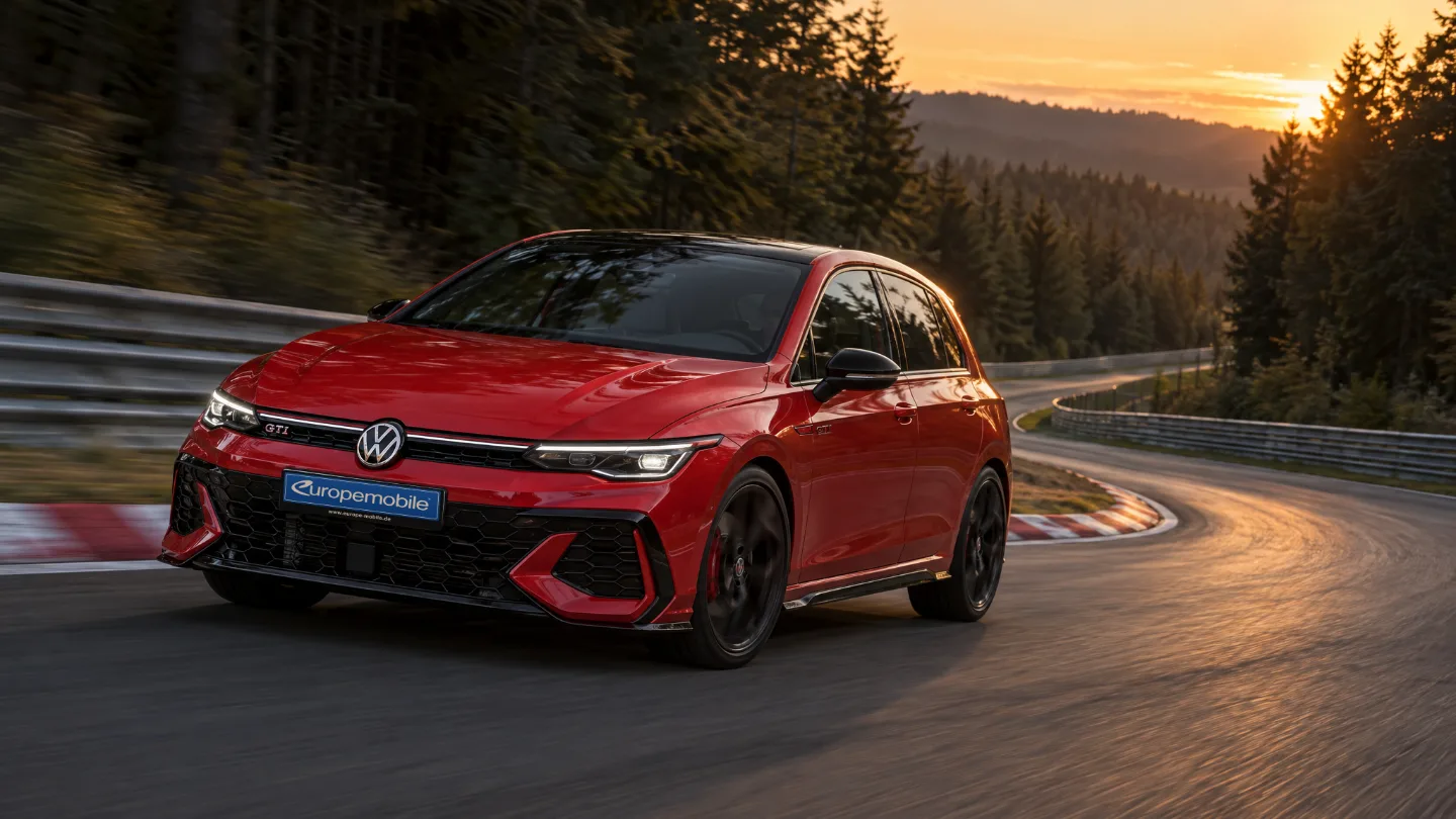 VW Golf GTI in Rot in einer Kurve einer Waldrennstrecke in der Eifel bei Sonnenuntergang