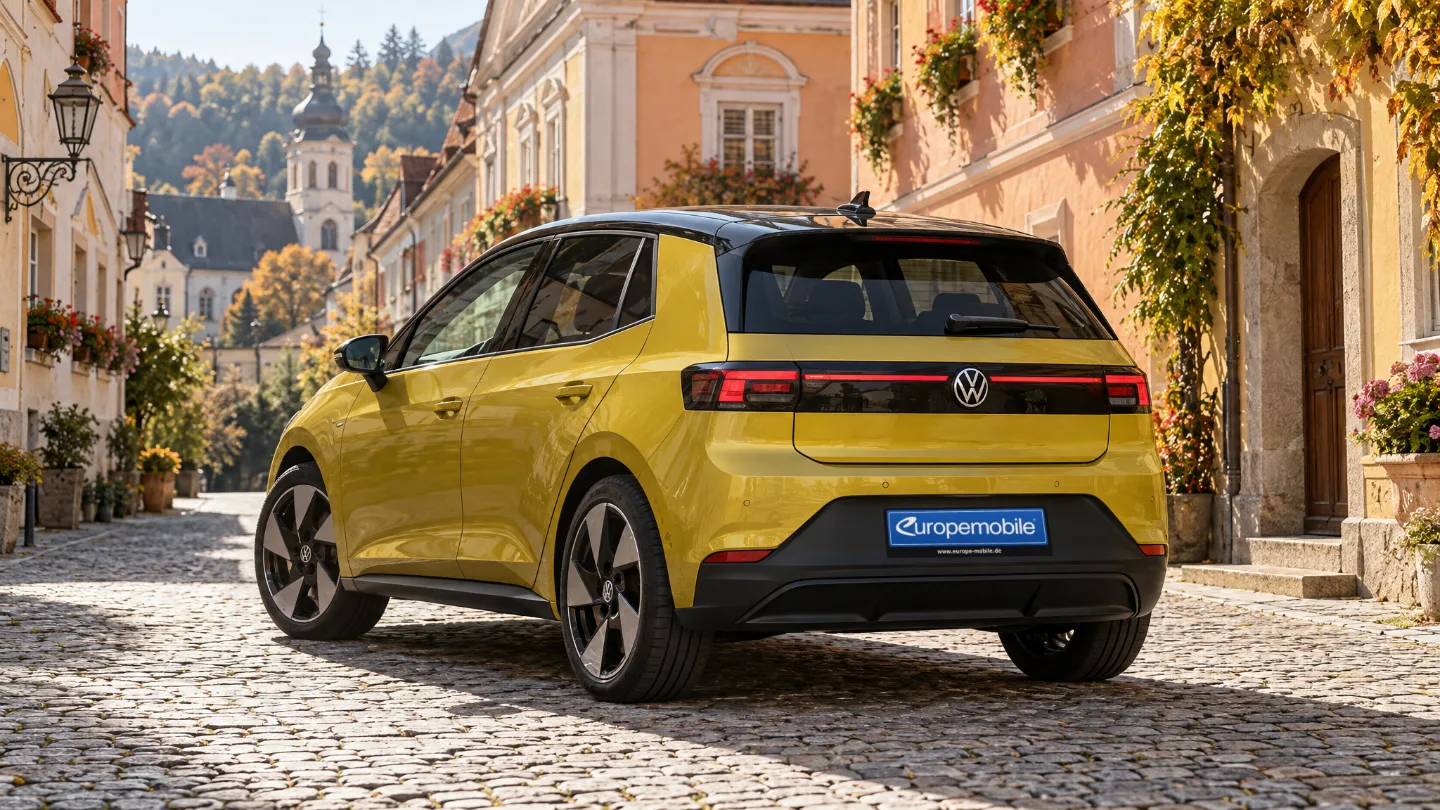 Gelber VW ID. Polo von hinten in einer Altstadtgasse mit Kopfsteinpflaster