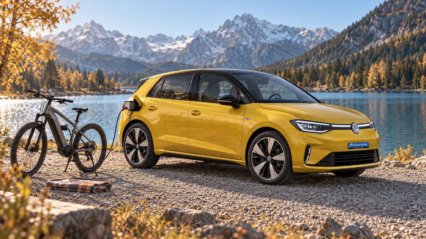 Gelber VW ID. Polo von der Seite an einem Bergsee, über einen V2L-Adapter an der Ladeklappe wird ein E-Bike geladen