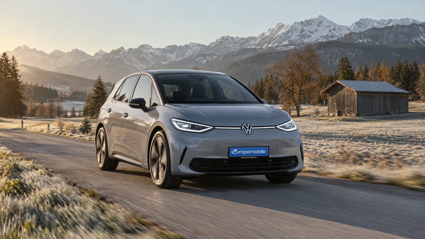 Grauer VW ID.3 auf einer Voralpen-Landstraße an einem frostigen Herbstmorgen