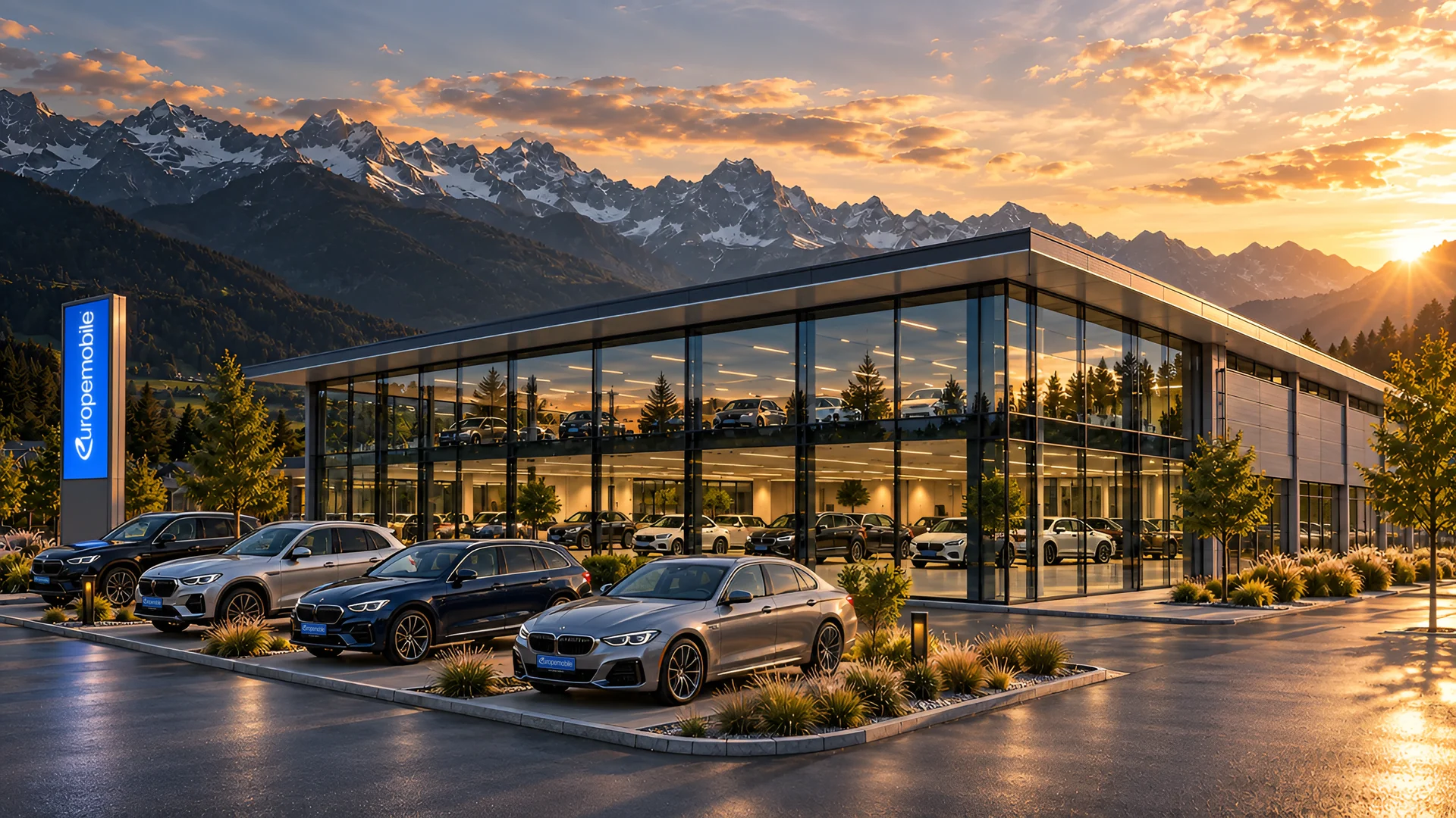 Europemobile-Autohaus mit Showroom vor den Berchtesgadener Alpen