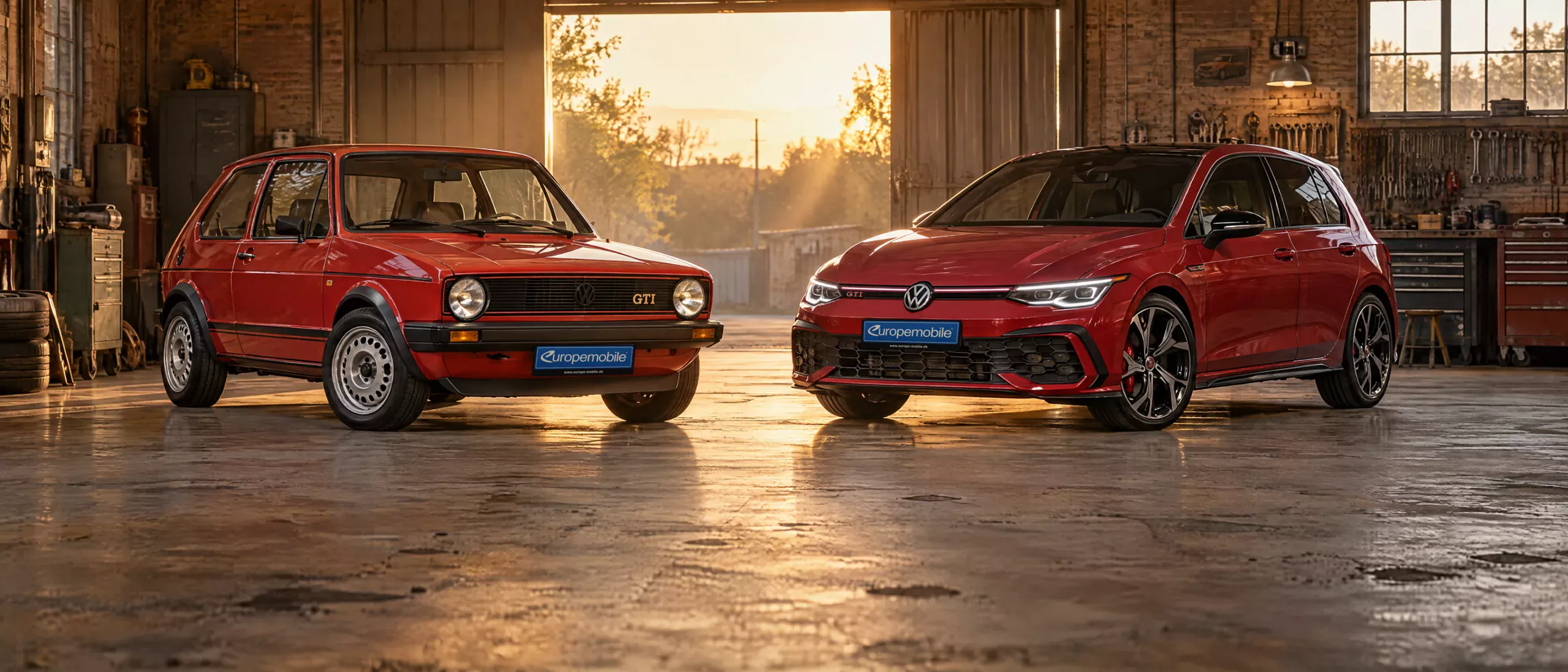VW Golf I GTI von 1976 und Golf GTI 2026 in einer alten Werkstatt