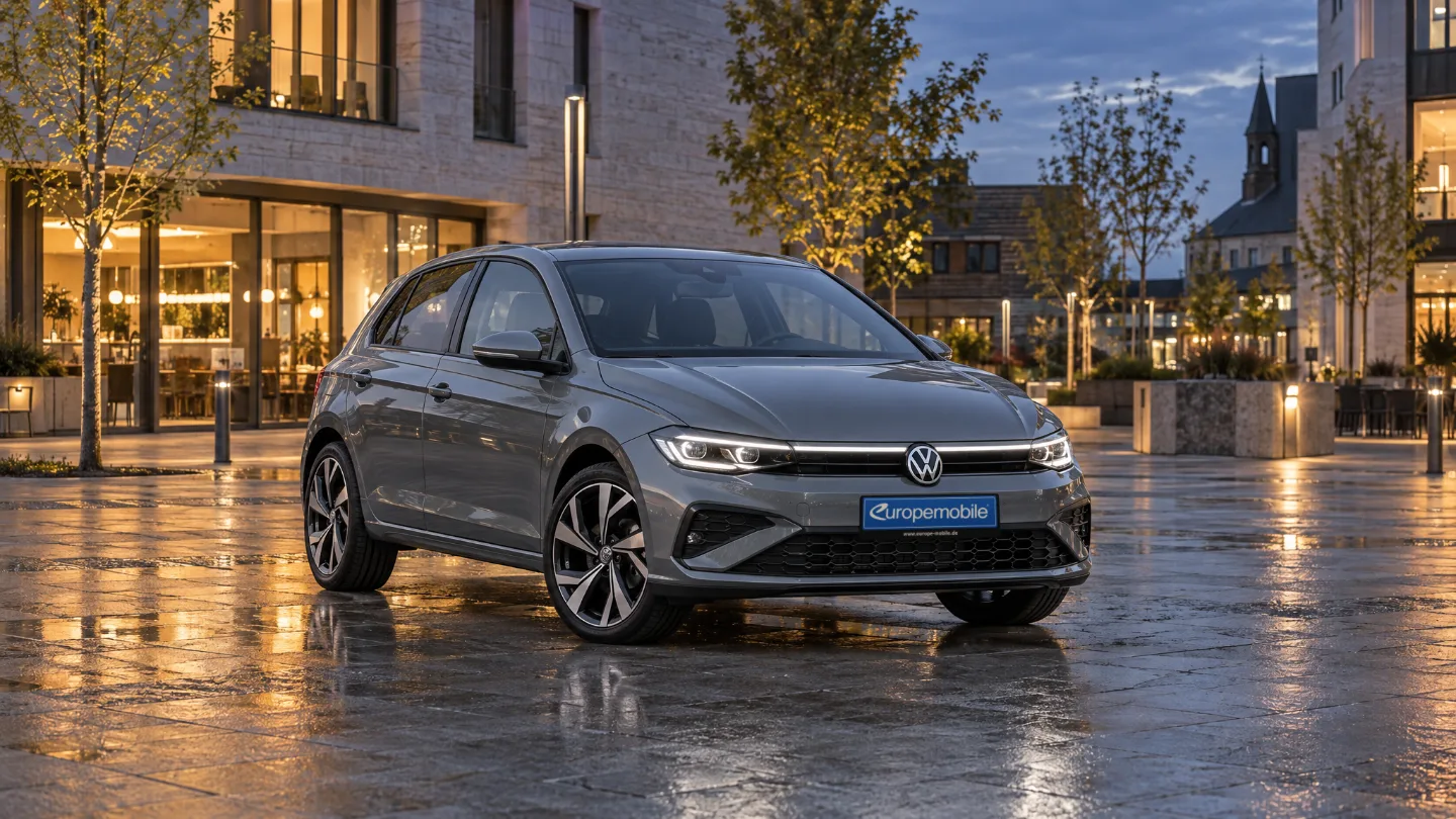 Grauer VW Polo auf einem Stadtplatz zur blauen Stunde