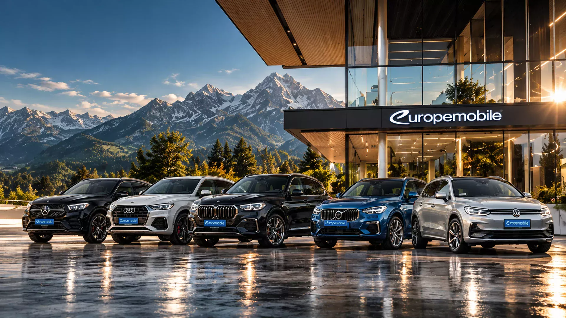 Fünf SUV verschiedener Marken vor dem Europemobile-Gebäude