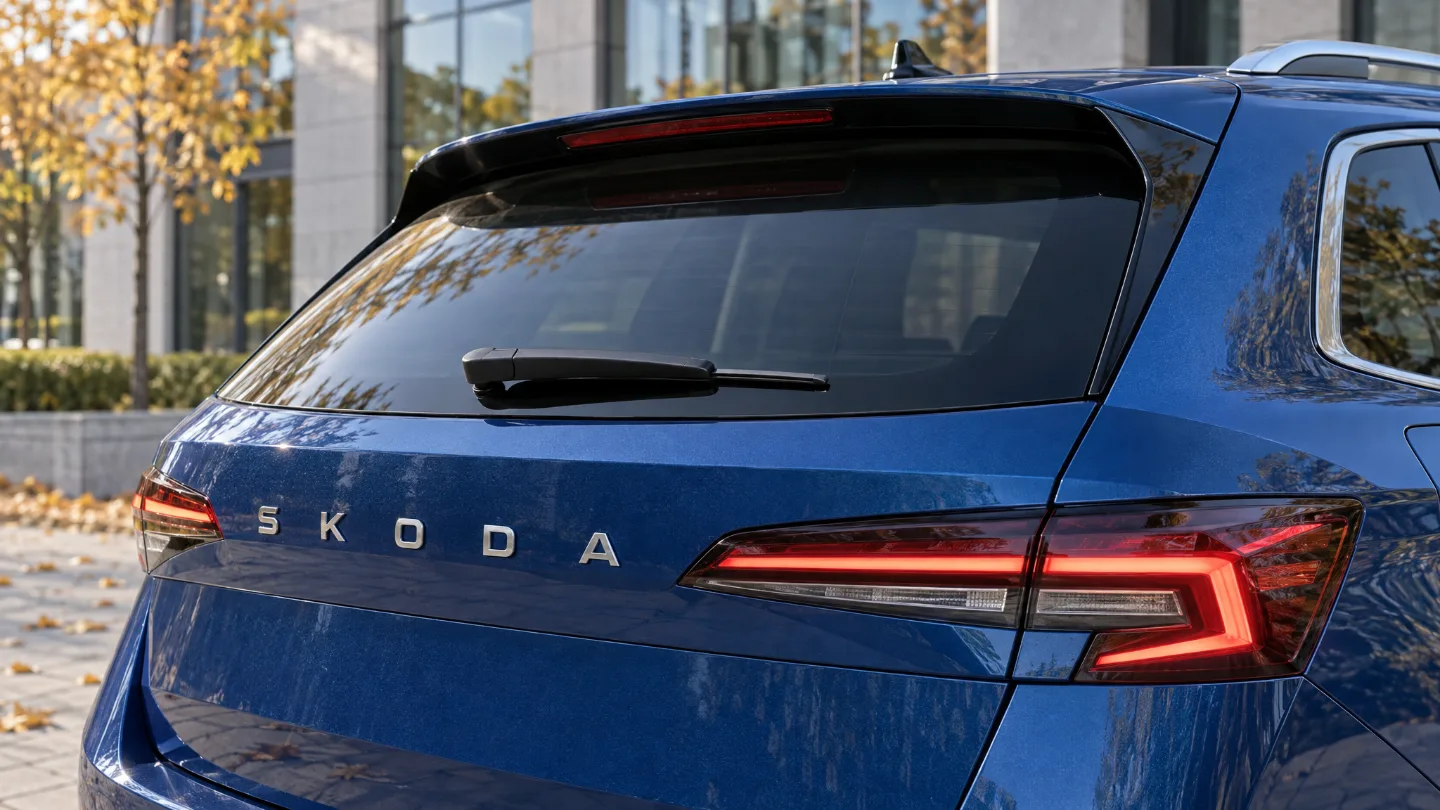 Heck des Škoda Superb Combi 2026 mit Rückleuchten und Schriftzug