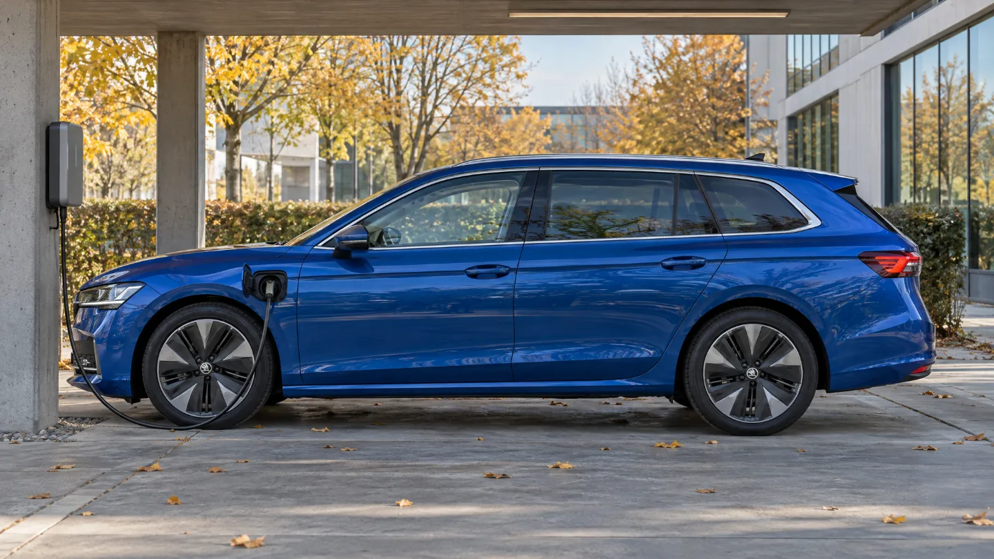 Škoda Superb Combi iV 2026 an einer Wallbox im Carport