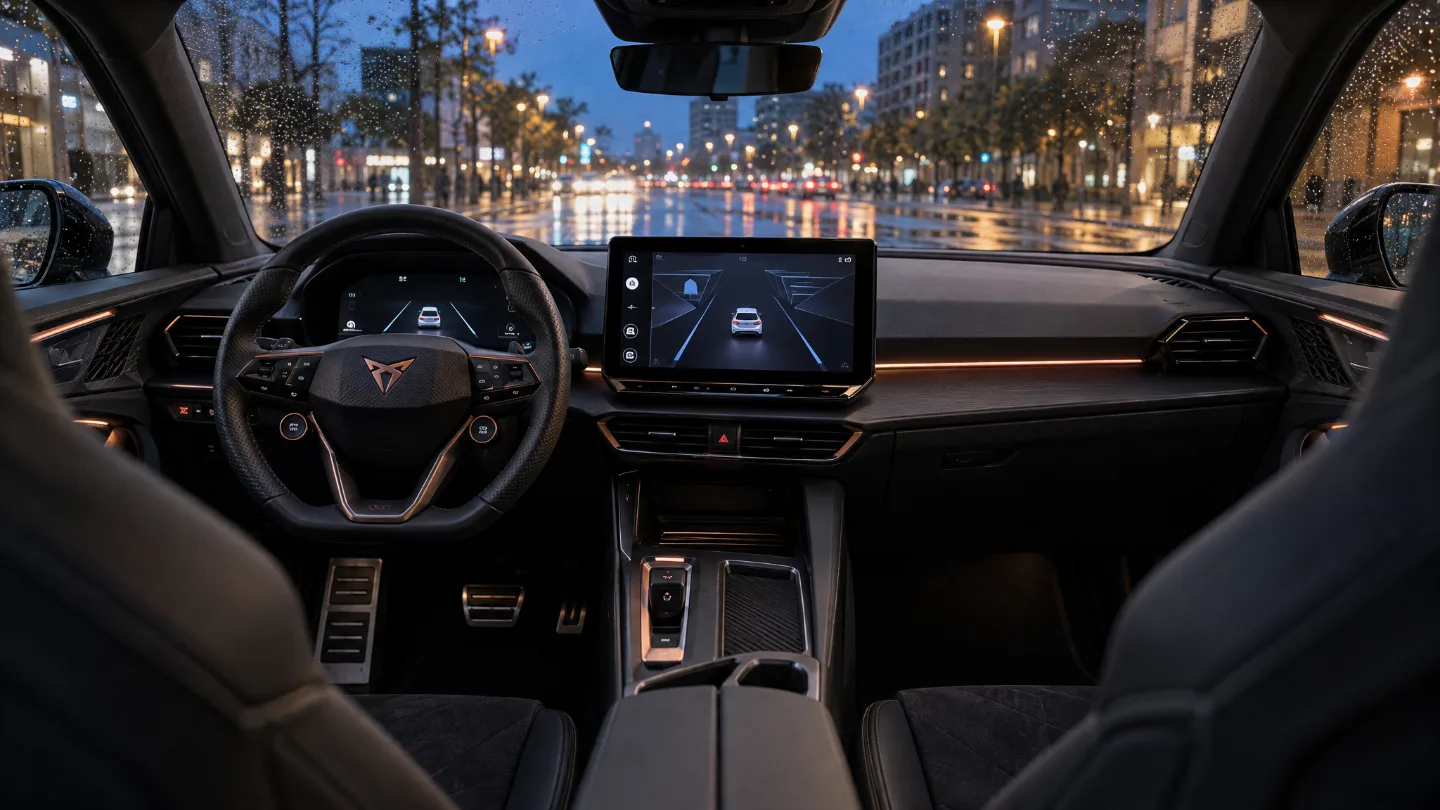 Cockpit eines Cupra Terramar am Abend mit Assistenz-Grafik auf dem Bildschirm, durch die Frontscheibe ein nasser Stadtboulevard